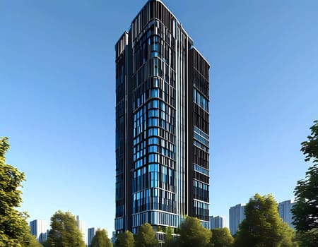 A sleek skyscraper showcases its contemporary design against a vivid backdrop of a clear blue sky, surrounded by flourishing trees and city life.