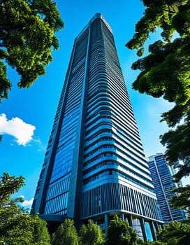 A stunning high-rise pierces the skyline, its sleek facade reflecting the sunlight.