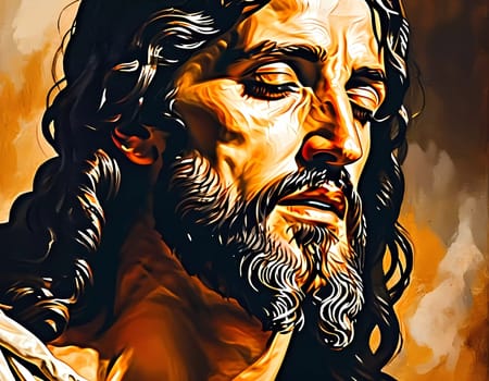 In a moment of peaceful reflection, Jesus Christ embodies tranquility with closed eyes and gentle features, radiating warmth and spiritual depth through expressive artistry.