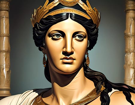 Aphrodite stands majestically in an ornate setting, her golden crown gleaming. The warmth of the sunset highlights her stunning features, symbolizing love and beauty throughout history.
