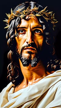 The figure of Jesus Christ captivates with his profound gaze, adorned with a crown of thorns against a dark background, embodying strength and compassion.