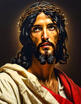 In this poignant depiction, Jesus gazes upward, radiating serenity and strength, crowned with thorns and illuminated by a heavenly glow that highlights his divinity.