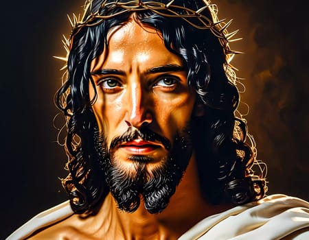 A powerful depiction of Jesus Christ, adorned with a crown of thorns, exuding divine love and strength, captured in a peaceful, illuminated atmosphere early in the morning.