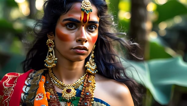 A young person radiates traditional elegance in colorful clothing and intricate jewelry, set against a vibrant green backdrop that reflects cultural celebration.