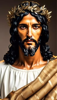 In a serene moment, a radiant figure of Jesus Christ captivates with his noble expression, crowned with thorns and wrapped in flowing garments.