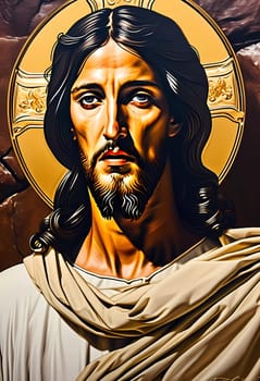 A representation of Jesus Christ, featuring a thoughtful expression and a radiant halo, stands against a backdrop of warm, glowing hues reminiscent of sunset, symbolizing hope and love.