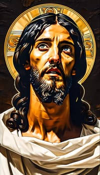 With gentle radiance, Jesus Christ gazes upward, surrounded by a golden aura. His expression conveys profound contemplation and spiritual insight in a tranquil setting.