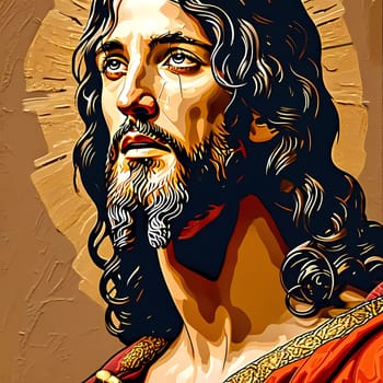 With flowing hair and soulful eyes, a striking depiction of Jesus Christ emanates divine serenity, surrounded by a radiant golden aura, inviting reflection and inspiration.
