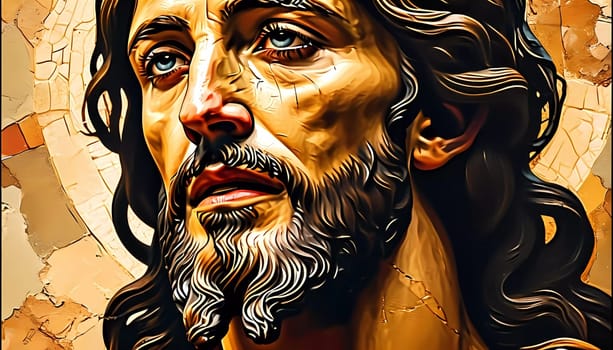 Intricate art captures Jesus Christ in a moment of profound contemplation, conveying his message of love and hope against a textured, warm background, inviting reflection.