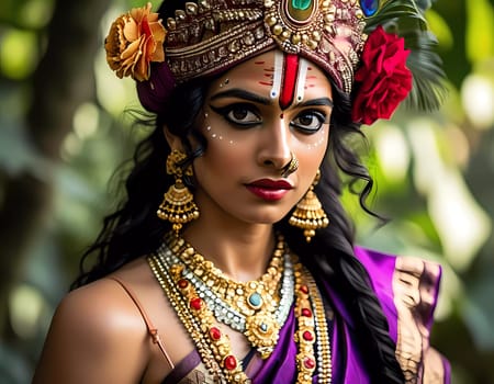 A mesmerizing performance unfolds as a skilled dancer captivates onlookers in opulent traditional dress, surrounded by rich flora during a lively festival celebration.