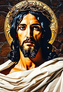 A striking image of Jesus Christ with flowing hair and a crown of thorns, exuding a serene presence bathed in golden light, symbolizing hope and faith in a timeless setting.