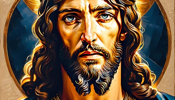 An iconic depiction of Jesus Christ, portraying his serene yet powerful presence. His gaze reflects compassion and understanding, surrounded by divine illumination and ornate details.