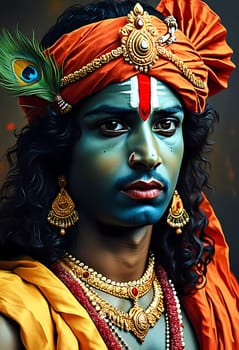With striking blue skin and adorned in vibrant garments, a divine figure exudes grace and wisdom, symbolizing love and compassion in a mystical setting of colors.