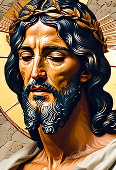 An artistic depiction of Jesus Christ showcases his noble visage, adorned with a golden crown. The background radiates warmth, enhancing the spiritual atmosphere.
