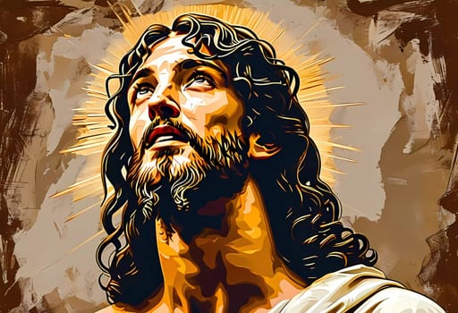 A majestic portrayal of Jesus Christ reveals deep spirituality, with flowing hair and an inviting expression, bathed in divine light.