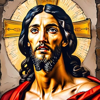 Majestic figure of Jesus Christ, illuminated by a radiant halo, stands against a textured stone wall, evoking feelings of reverence and inspiration in a timeless setting.