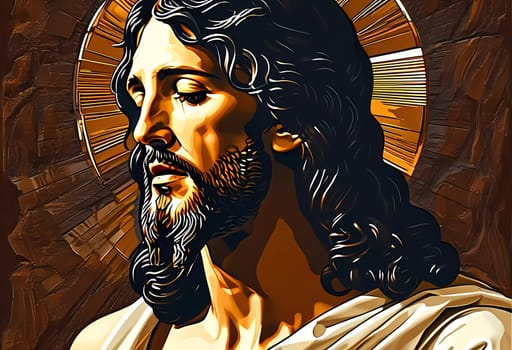 A striking representation of Jesus Christ, captured in a moment of deep thought, illuminated by a radiant halo, symbolizing spirituality and peace in a sacred environment.