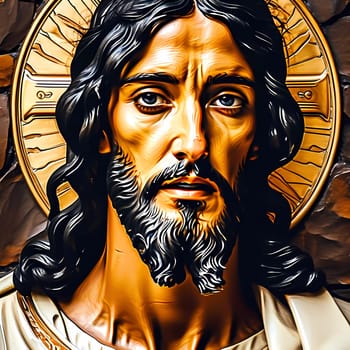 This artistic representation captures Jesus Christ gazing thoughtfully, framed by intricate designs and warm golden tones, evoking a sense of reverence and spirituality.