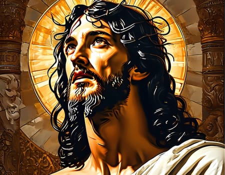 A captivating portrayal of Jesus Christ surrounded by a heavenly glow, reflecting deep thought and spirituality.