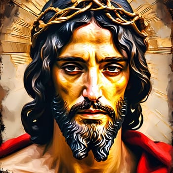A striking depiction of Jesus Christ adorned with a crown of thorns, exuding an aura of serenity and strength, surrounded by an ethereal golden glow that emphasizes his divine nature.