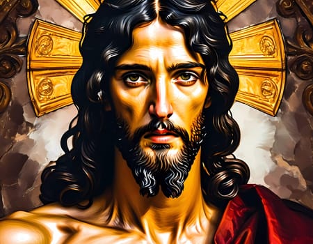 A powerful representation of Jesus Christ captures his intense gaze and expressive features surrounded by a luminous golden halo. The artwork evokes a sense of serenity and divinity.