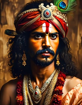A captivating portrayal of Lord Krishna exuding love and compassion. Adorned with intricate gold jewelry and vibrant attire, he holds an aura of wisdom.