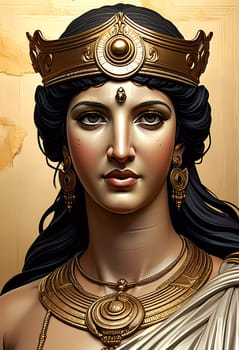 Goddess Aphrodite stands gracefully, her striking features highlighted by a golden crown. Adorned in exquisite jewelry, she exudes a timeless elegance, captivating all who behold her.