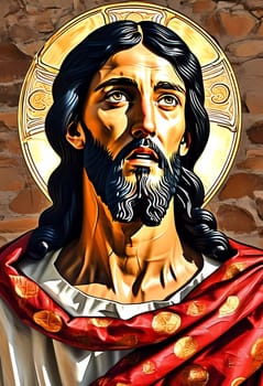 This striking artwork showcases Jesus Christ with a vibrant halo, gazing upwards with an expression of contemplation.
