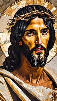 A captivating portrayal of Jesus Christ, showcasing His serene expression and a radiant golden halo.