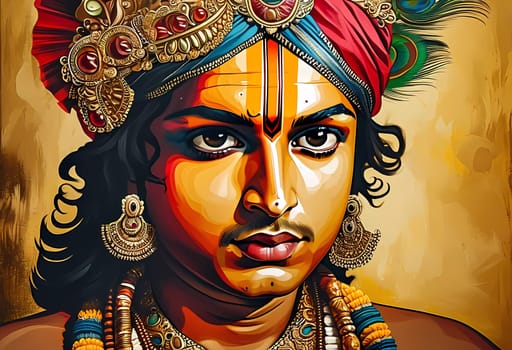 In a brilliant display of colors, this artwork captures Lord Krishna, embodying love, compassion, and wisdom.