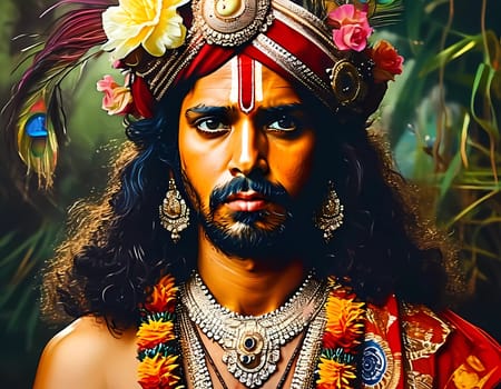 Lord Krishna, adorned with vibrant flowers and intricate jewelry, stands gracefully surrounded by lush greenery, embodying love, compassion, and wisdom during a sacred celebration.