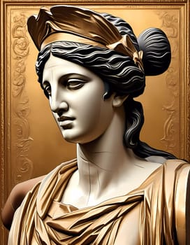 Aphrodite, embodying love and beauty, is depicted in an exquisite sculpture highlighted by golden tones and intricate designs. Her serene expression captivates with elegance.