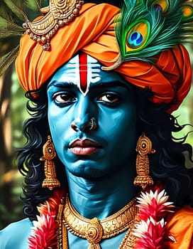 In a lush forest backdrop, a figure adorned with traditional attire embodies Lord Krishna, exuding love, compassion, and wisdom, captivating all who behold him.