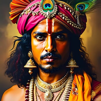 Capturing a moment filled with devotion and compassion, a figure embodies Lord Krishna, adorned in intricate jewelry and vivid clothing, exuding wisdom and grace in a serene setting.