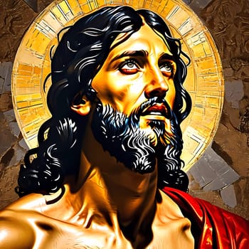 A captivating figure of Jesus Christ emerges with detailed facial features and flowing hair, bathed in golden light that enhances the sense of divinity and peace within a holy context.