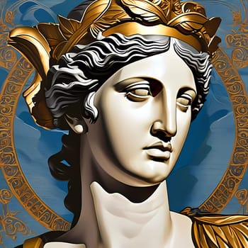 Amidst a backdrop of vibrant blues, an exquisite depiction of Aphrodite stands with serene grace, embodying love and beauty through intricate detailing and rich colors.