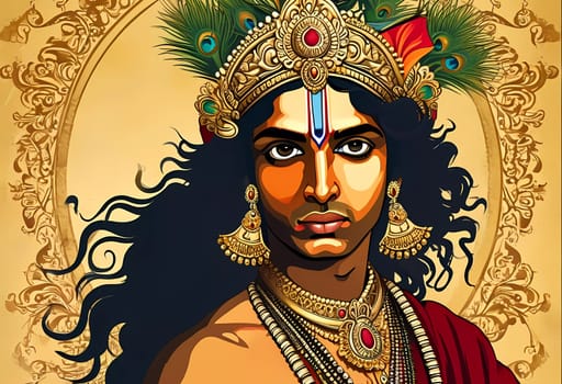 Capturing the essence of devotion, this artwork presents Lord Krishna adorned with intricate jewelry, radiating love and wisdom in a vibrant display of colors and divine energy.