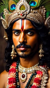 A captivating depiction of Lord Krishna, showcasing love and compassion through ornate jewelry, vibrant attire, and an expressive vision that brings ancient wisdom to life.
