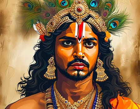 This captivating artwork illustrates Lord Krishna adorned with a peacock feather crown and golden jewelry, embodying love, compassion, and divine wisdom surrounded by rich colors.
