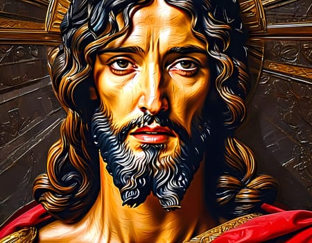 The depiction of Jesus Christ embodies love and strength, with details highlighting his compassionate gaze and flowing hair, symbolizing hope and faith.