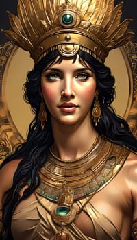 In a celestial setting, a stunning figure embodies Aphrodite, adorned with intricate golden jewelry and a crown, exuding timeless beauty and grace. Her captivating gaze enchants all.