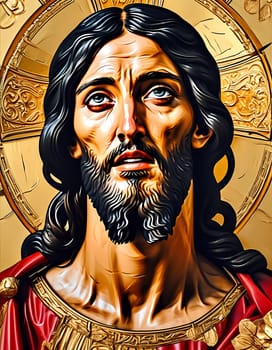 This striking artwork reveals Jesus Christ with an intense gaze, surrounded by a golden aura that symbolizes divinity.