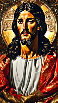 An artistic representation of Jesus Christ showcases his solemn expression, surrounded by a radiant golden halo.