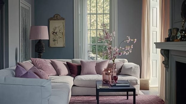 English style cottage interior in romantic colours, delicate patterns, vintage furnishings, evoking the timeless charm and tranquillity of a classic countryside