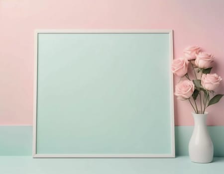 Featuring a serene blend of rose and mint hues, the setup offers an inviting blank card against soft pastel tones, ideal for creative expression or heartfelt messages.