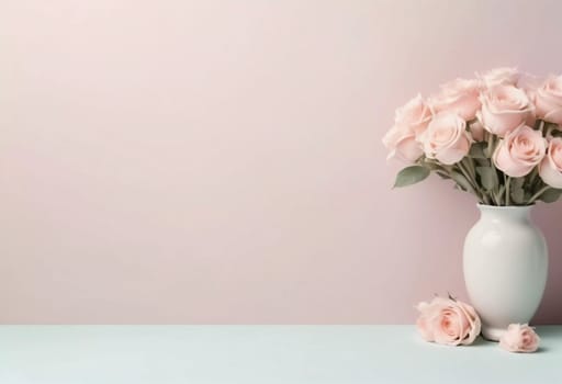 Delicate pink roses in a white vase bring a touch of romance and tranquility, creating an inviting atmosphere perfect for celebrations or intimate moments.