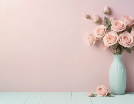Delicate pastel roses gracefully arranged in a mint green vase rest on a tranquil table.