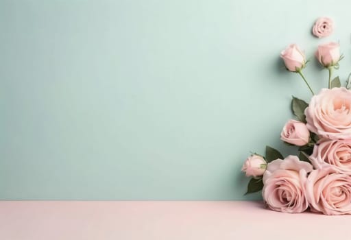 A serene arrangement of lush pastel roses places emphasis on beauty and elegance, invoking feelings of tranquility and romance in a minimalist setting, perfect for heartfelt notes.