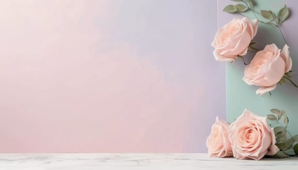 Softly colored roses rest elegantly against a gentle pastel backdrop, inviting creativity and warmth.
