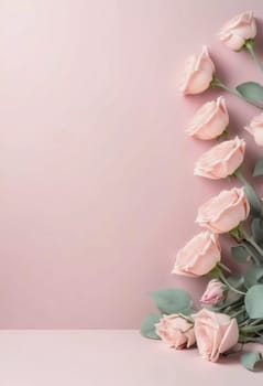 Soft pastel hues create a serene backdrop as pale roses elegantly arrange themselves, inviting creativity for card designs and heartfelt messages in a tranquil setting.